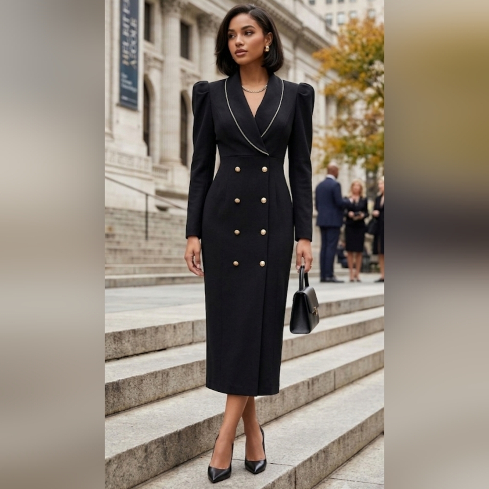 SHEIN Black Long Sleeve Dress with Gold Buttons